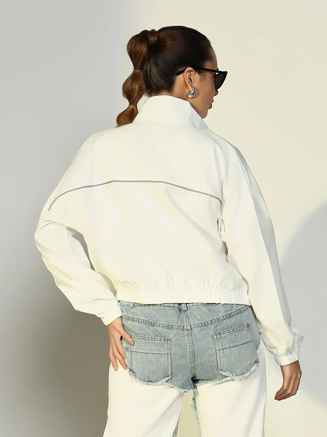 Women Solid White Bomber Jacket